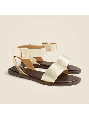 J. Crew Gold Leather Ankle-Strap Flat Sandals - CARSEN